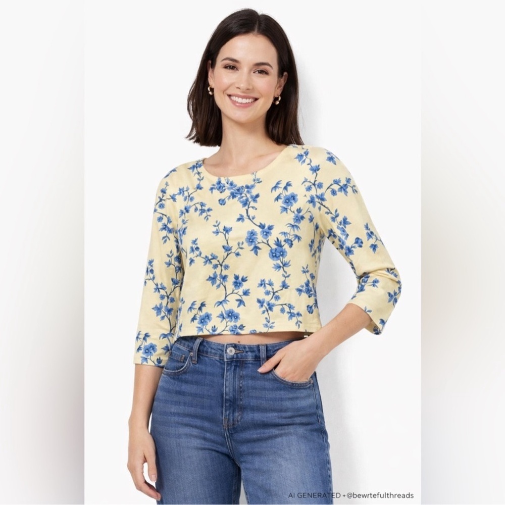 Talbots Petites M Yellow Blue Floral Stretch Top